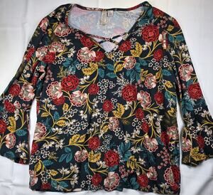 Misia floral long-sleeve blouse, multi-colored botanical pattern, Size 1XL